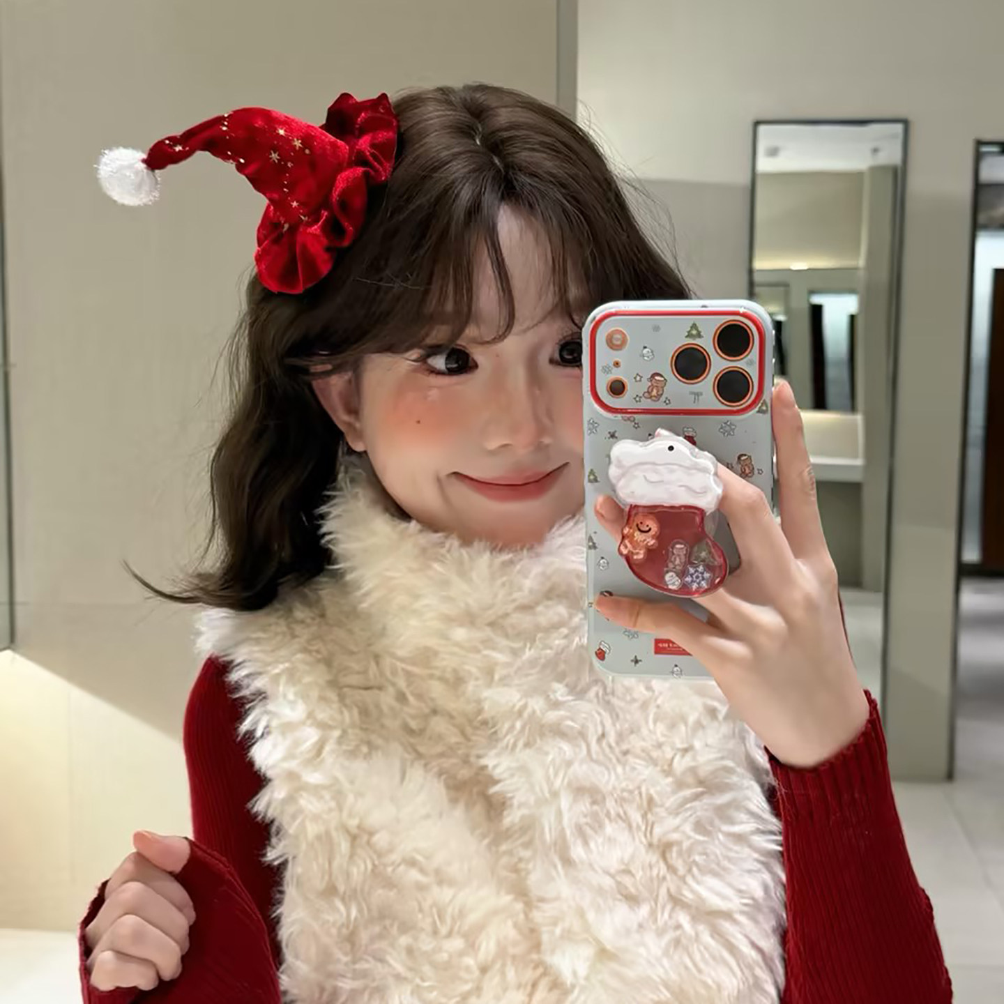 圣诞节红色丝绒圣诞帽星星发夹女氛围感拍照装饰侧边夹发饰头饰品