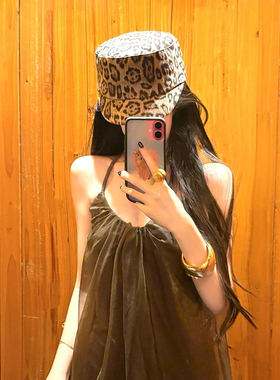 复古老钱风豹纹平顶马术帽女2025新款夏季防晒遮阳帽子骑士报童帽