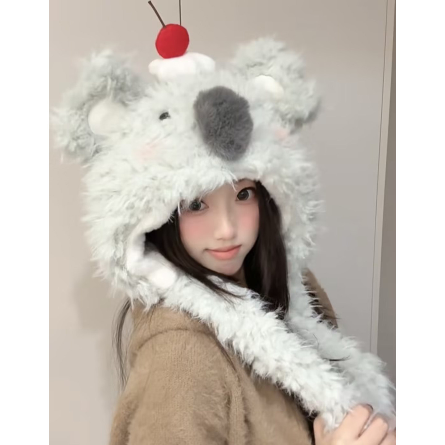 可爱蛋糕考拉毛绒帽女秋冬季显脸小加厚加绒保暖防寒护耳雷锋帽子