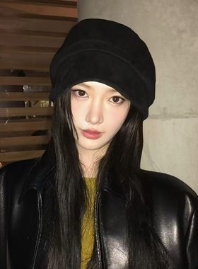 韩系黑色麂皮绒报童帽女春季大头围百搭显脸小冷帽可折叠渔夫帽子