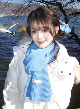 韩系显白蓝色针织围巾女冬季韩版纯色百搭ins学生保暖毛线围脖潮