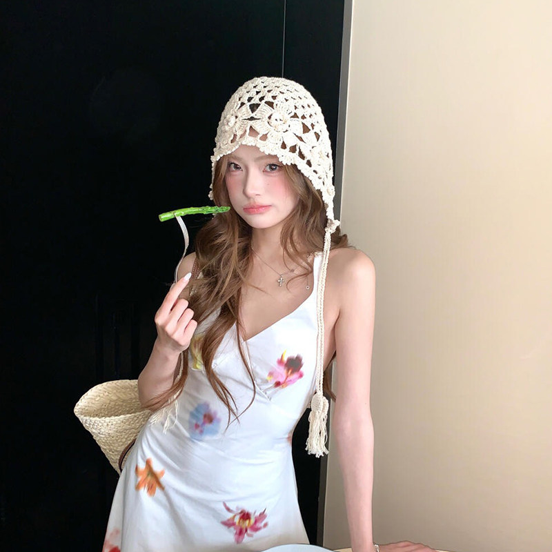 波西米亚民族风手工流苏钩花镂空套头帽女春夏季薄款包头针织帽