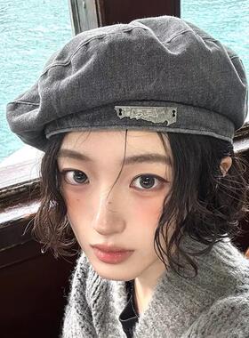 复古水洗牛仔做旧贝雷帽女2025新款显脸小八角帽英伦风时尚报童帽