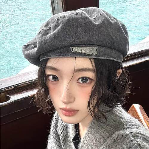 复古水洗牛仔做旧贝雷帽女2025新款显脸小八角帽英伦风时尚报童帽