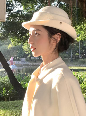 赫本风毛呢白色法式礼帽女秋冬千金风名媛气质优雅高级感渔夫帽子