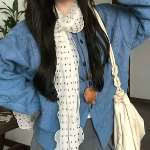 韩系木耳边白色波点丝巾女春夏薄款围脖围巾配饰氛围感文艺披肩