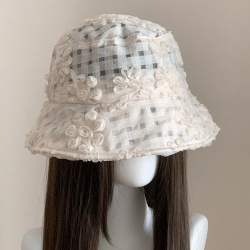 法式千金风蕾丝花朵防晒遮阳帽女显脸小夏季镂空透气盆帽渔夫帽子