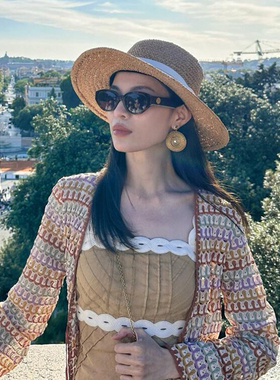 钟楚欣同款~法式复古老钱风平顶草帽女夏季度假风防晒遮阳帽礼帽