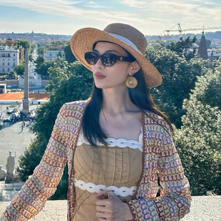 钟楚欣同款~法式复古老钱风平顶草帽女夏季度假风防晒遮阳帽礼帽