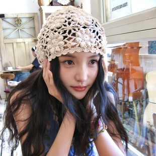 林小宅同款镂空花朵包头帽女春夏薄款透气针织帽子百搭堆堆帽冷帽