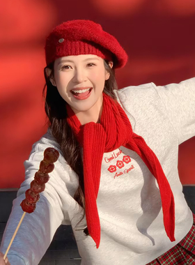 新年红色针织贝雷帽女秋冬节日氛围感保暖毛线帽大头围画家帽子潮