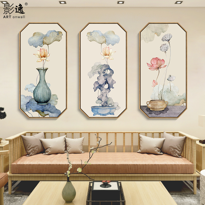 网红荷花玄关装饰画新中式走廊尽头挂画客厅茶室沙发背景墙面壁画图片