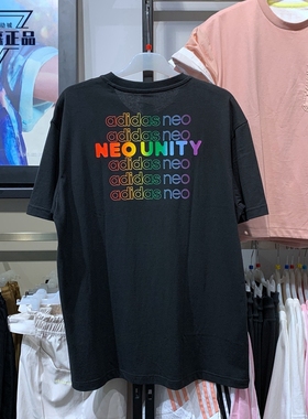 阿迪达斯NEO男子2021夏季彩虹LOGO印花运动短袖T恤 H65034 H65033