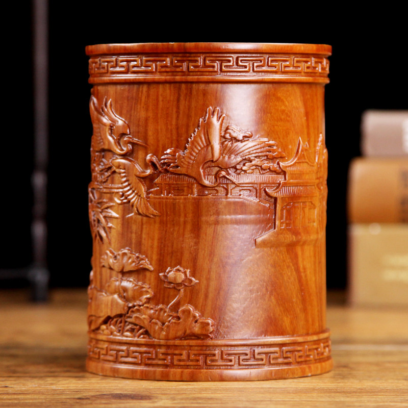 实木笔筒复古毛笔筒黑檀红木笔筒办公桌笔筒文房四宝书房礼品