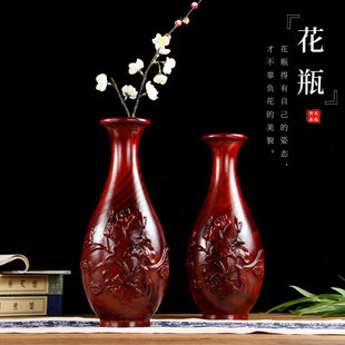 雕刻红木工艺品实木质古典 花梨木雕装 饰花瓶摆件客厅插花家居中式