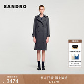 女装 季 末6折SANDRO2025秋冬新款 迪木尔风仿钻格纹翻领双排扣风衣