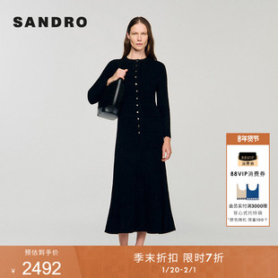 季末7折SANDRO2025秋冬新款女装迪木尔风黑色单排扣针织连衣裙