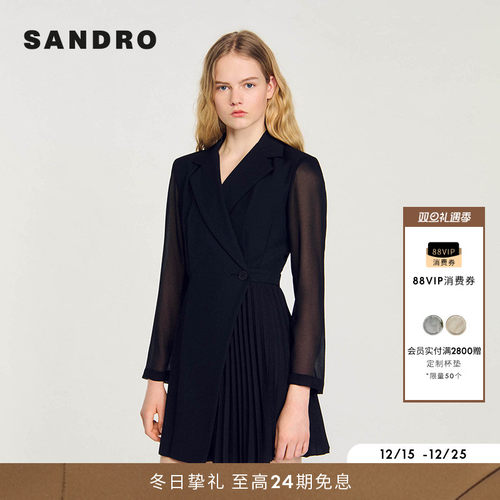 SANDRO黑色收腰百褶短款连衣裙
