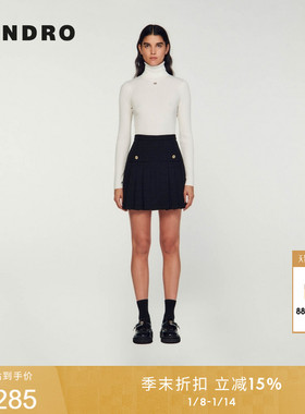 SANDRO秋冬女装法式气质优雅黑色高腰A字百褶金属纽扣短款半身裙