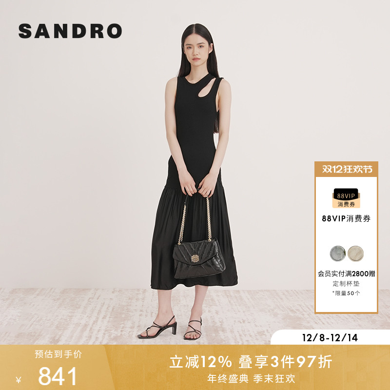 双材质拼接 缎面褶皱裙摆 肩部镂空设计