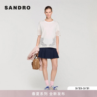 法式 女装 棉质白色撞色圆领拼接蕾丝刺绣T恤 新款 SANDRO2026春季