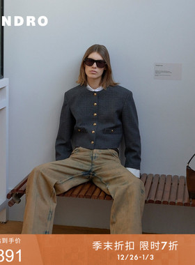 季末7折SANDRO2025秋冬新款女装法式灰色仿钻格纹拼接袖圆领外套