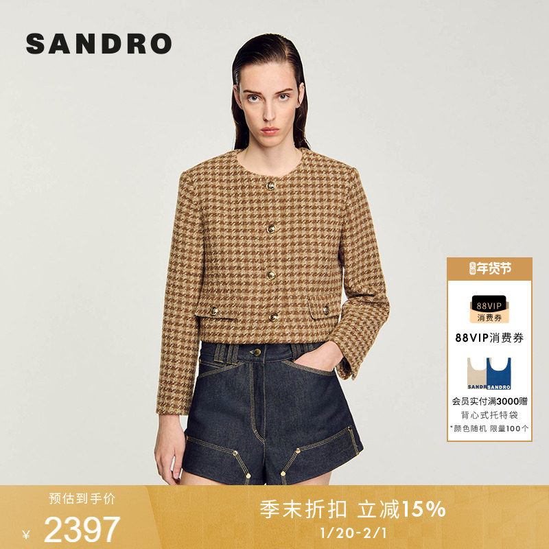SANDRO秋冬女装法式气质简约时尚金色单排扣格纹圆领上衣短款外套,女装/女士精品,短外套,淘宝优惠券,粉丝福利购,淘宝优惠卷