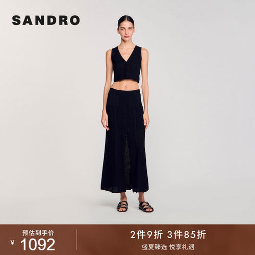 SANDRO女装法式黑色V领针织马甲