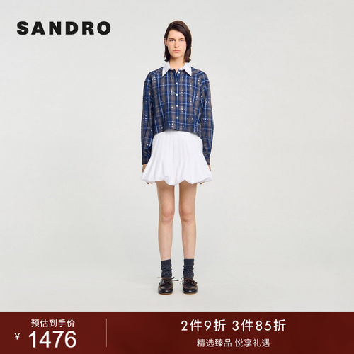 SANDRO女装法式对称仿钻格纹衬衫