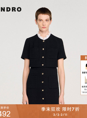 季末7折SANDRO2025秋冬新款女装黑色可拆花边领假两件花呢连衣裙