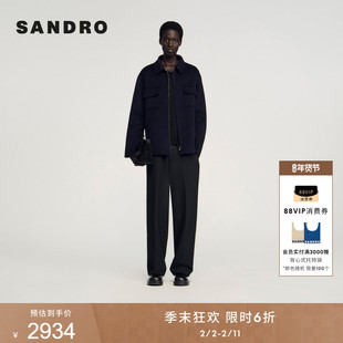 季末6折SANDRO2025秋冬新款男装深蓝色直筒翻领棉羊毛混纺外套