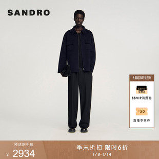 季末6折SANDRO2025秋冬新款男装深蓝色直筒翻领棉羊毛混纺外套