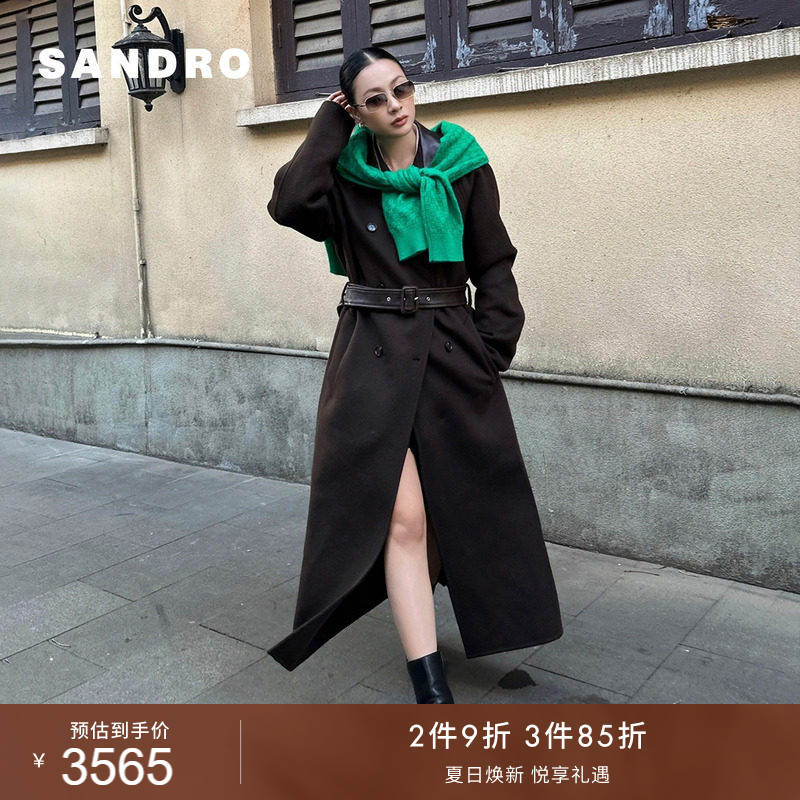 SANDRO女装法式时尚简约迪木尔风腰带收腰绵羊毛大衣皮革毛呢外套