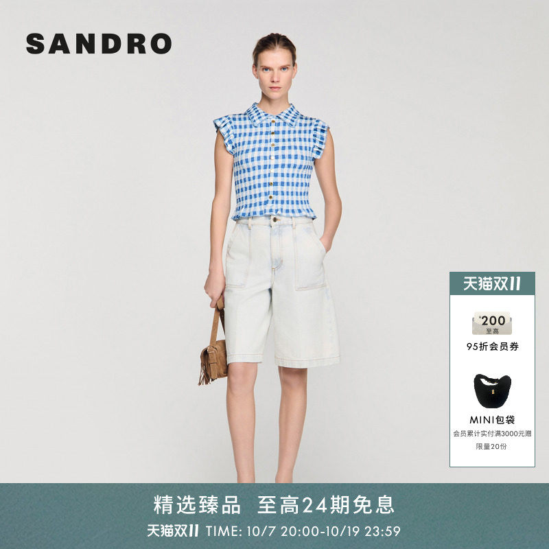 SANDRO2026夏季新款女装法式时尚蓝白格纹小飞袖短款收腰马甲背心