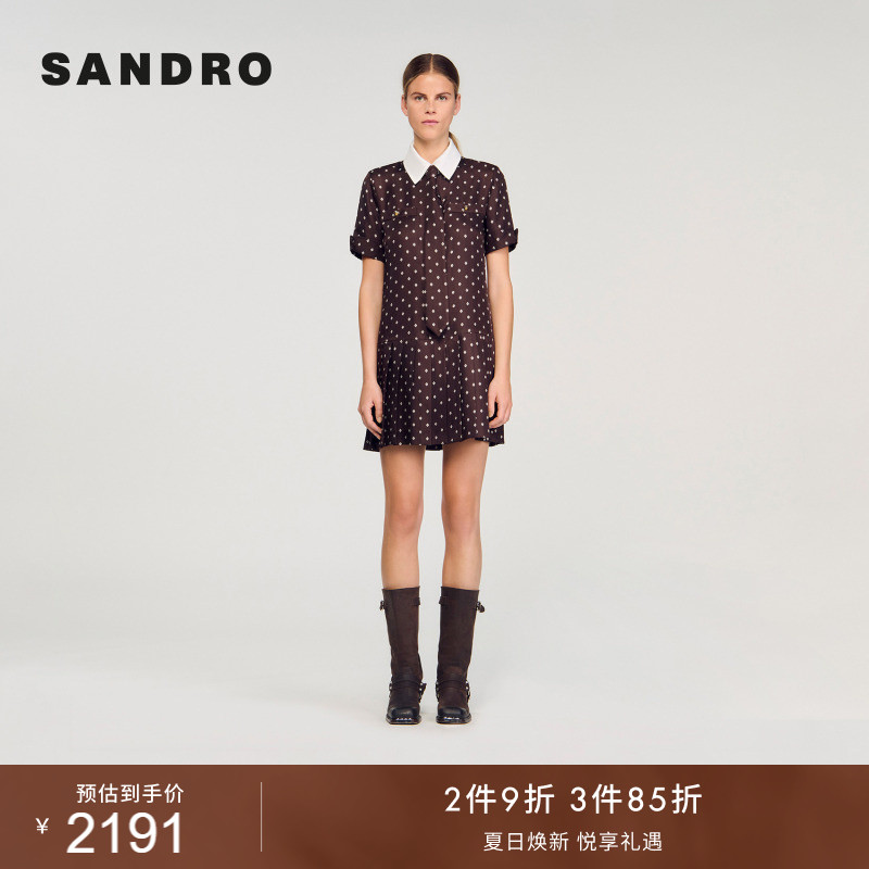 SANDRO女装法式时尚休闲花朵撞色翻领印花领带短袖百褶连衣裙短裙