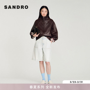 首发SANDRO2026春季 羊皮革插肩袖 新款 法式 深棕亮面皮夹克 女装 新品