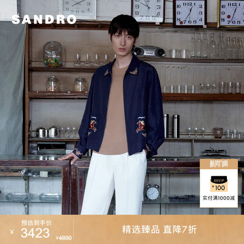 SANDRO刺绣图案翻领拉链短款外套