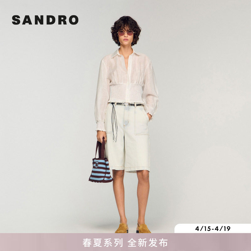 SANDRO2026春季新款女装法式时尚白色灯笼袖松紧抽褶收腰宽松衬衫