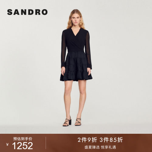 sandro新款V领褶皱连衣裙