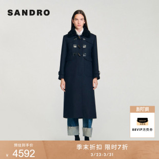 可拆卸毛领复古牛角扣A字毛呢大衣 法式 季 末7折SANDRO2025秋冬女装