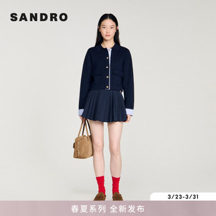 法式 时尚 翻领拼接条纹衬衫 SANDRO2026春季 口针织开衫 女装 袖 新款