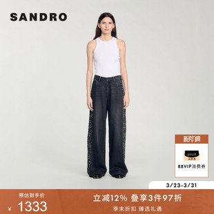 气质简约棉质黑色侧边仿钻阔腿牛仔长裤 时尚 法式 SANDRO秋冬女装