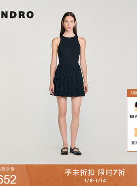 季末7折SANDRO25秋冬新款女装法式甜酷黑色亮片百褶裙半身裙短裙