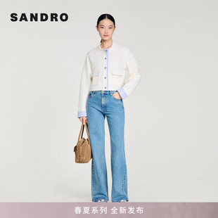 拼接撞色袖 SANDRO2026春夏新款 女装 法式 口正面翻盖口袋针织开衫