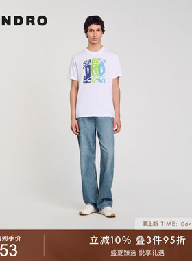 SANDRO夏季男装法式时尚休闲棉质白色撞色印花图案圆领针织T恤衫