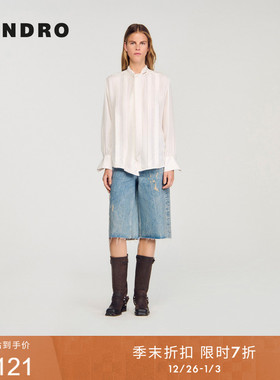 季末7折SANDRO博主同款2025秋冬新款女装桑蚕丝系带领宽松白衬衫