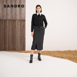 翻领短款 SANDRO 简约黑色仿钻经典 法式 针织上衣 Outlets秋冬女装