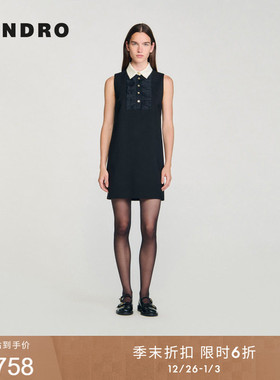 季末6折SANDRO2025秋季新款女装法式甜美压褶无袖黑色短款连衣裙