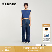 SANDRO2025春夏女装 休闲简约舒适棉质深蓝色无袖 压褶设计T恤上衣