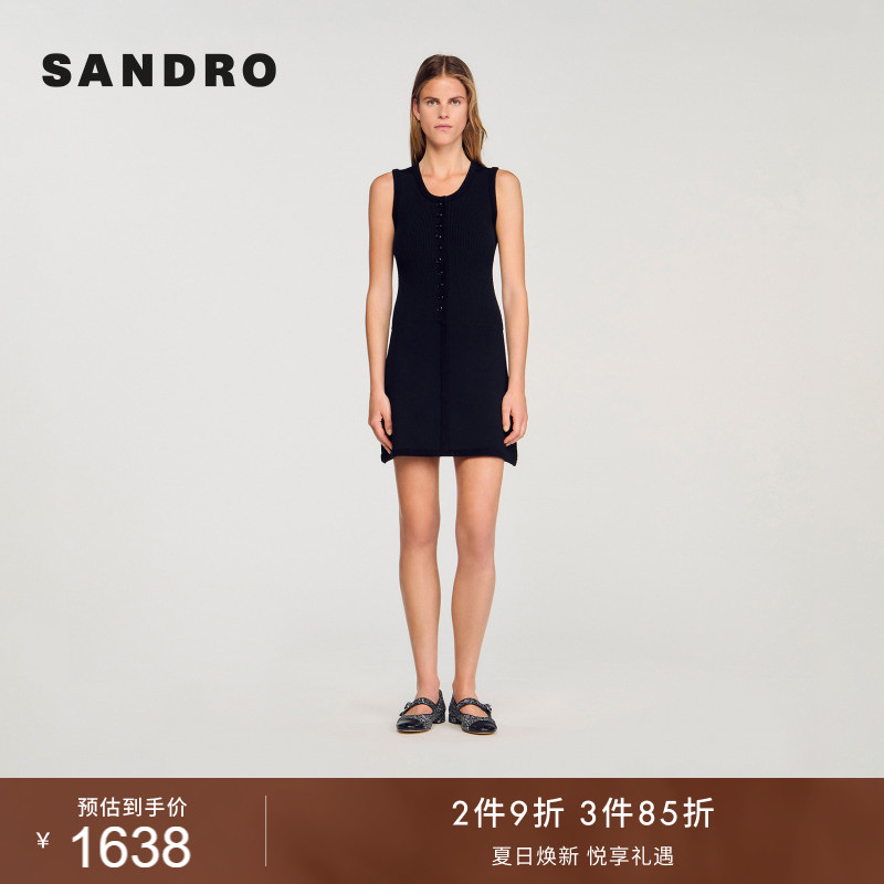 线上专享SANDRO女装法式时尚简约黑色无袖收腰扣饰短款针织连衣裙